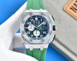 Copy Audemars Piguet Royal Oak Offshore Watch Green Dial Diamond Steel Case Green Rubber Strap